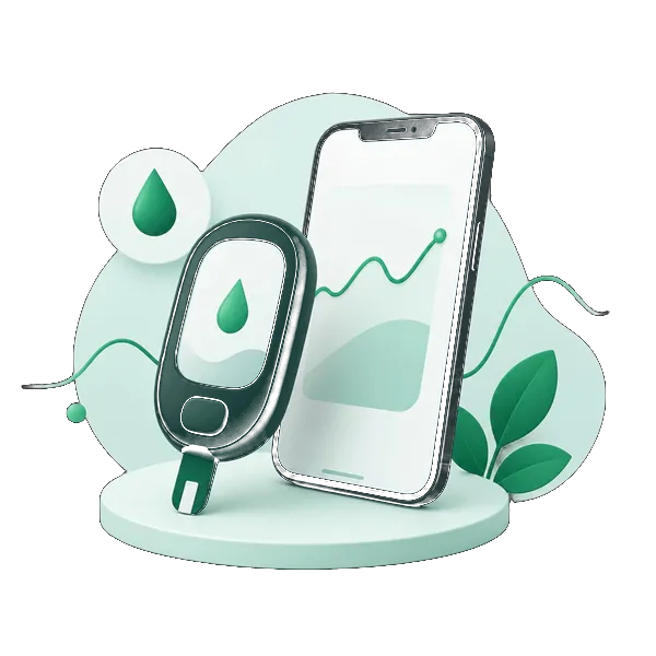 Ilustración de un medidor de glucosa junto a un celular