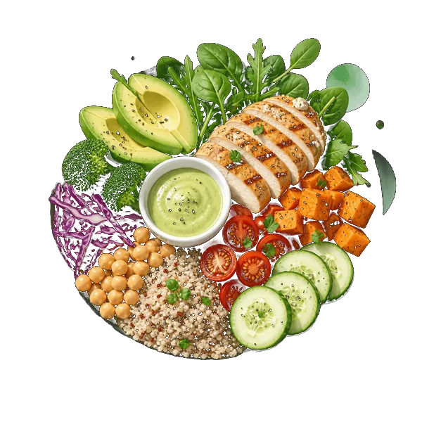 Bowl con verduras, pollo y quinoa